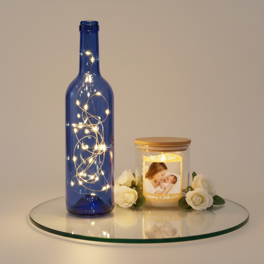 Personalized Photo Lighted Wine Bottle & Flameless Candle Gift Set