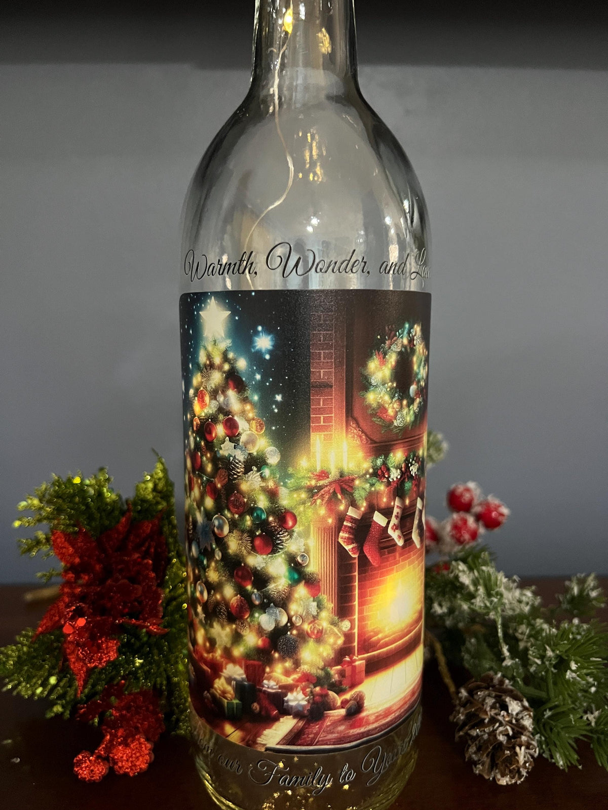Lighted Christmas Wine Bottle | Fireplace & Stockings Scene - 2025 Gift