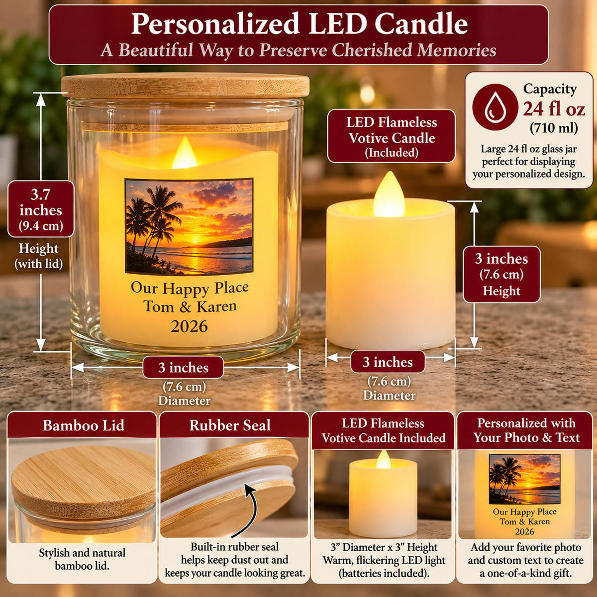 Personalized candle size guide showing a glass jar 3.7 inches tall and 3 inches wide, bamboo lid, and LED candle.