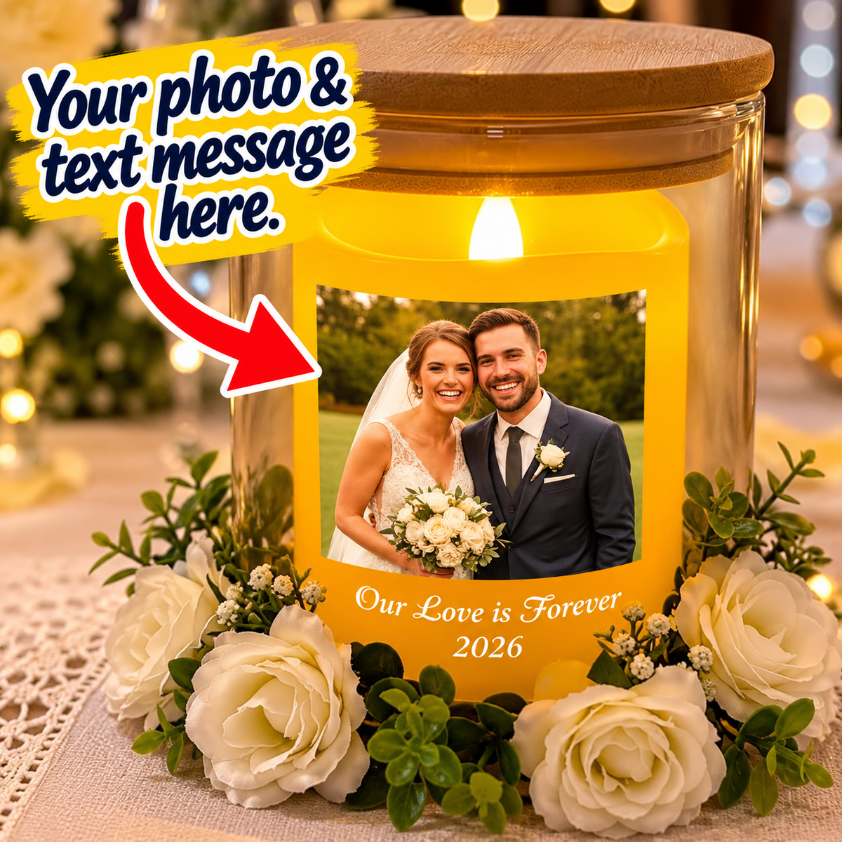 Candle jar with flameless led votive candle inside, bamboo lid, and custom photo and text message on jar. 