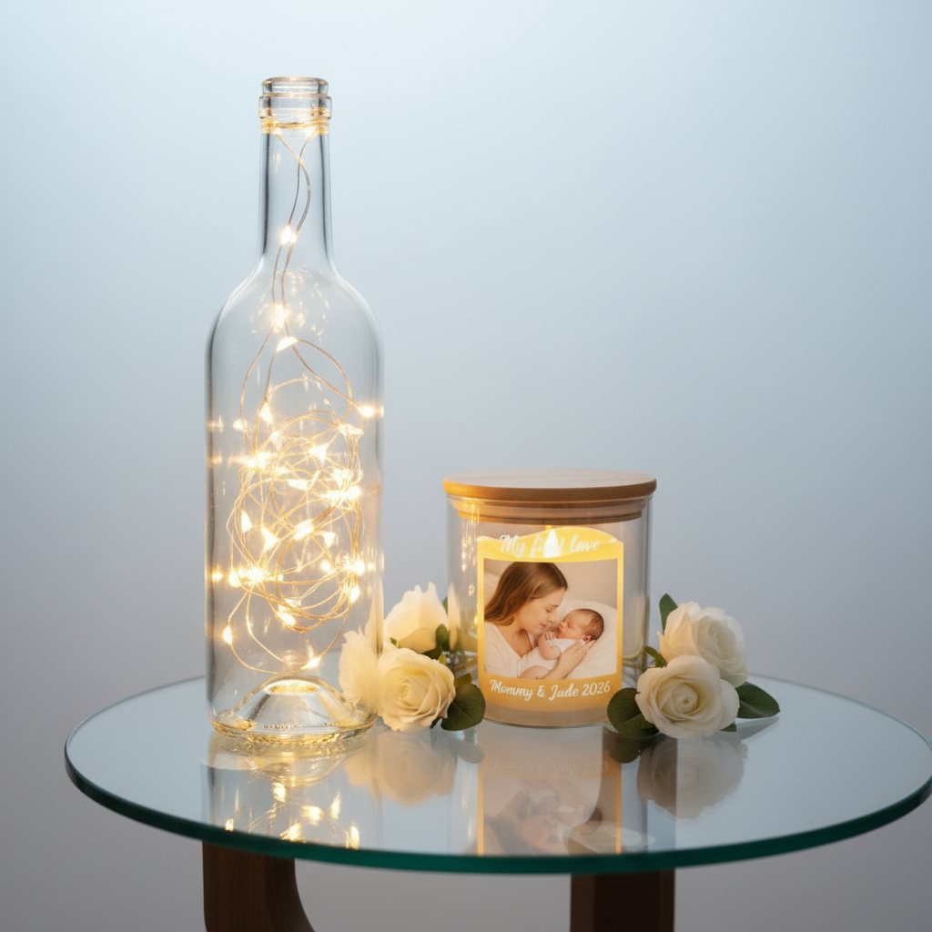 Personalized Photo Lighted Wine Bottle & Flameless Candle Gift Set