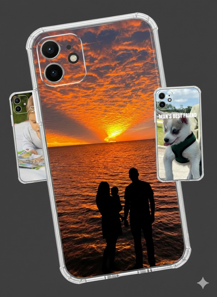Phone case with sunset over ocean design, featuring a couple and a dog.