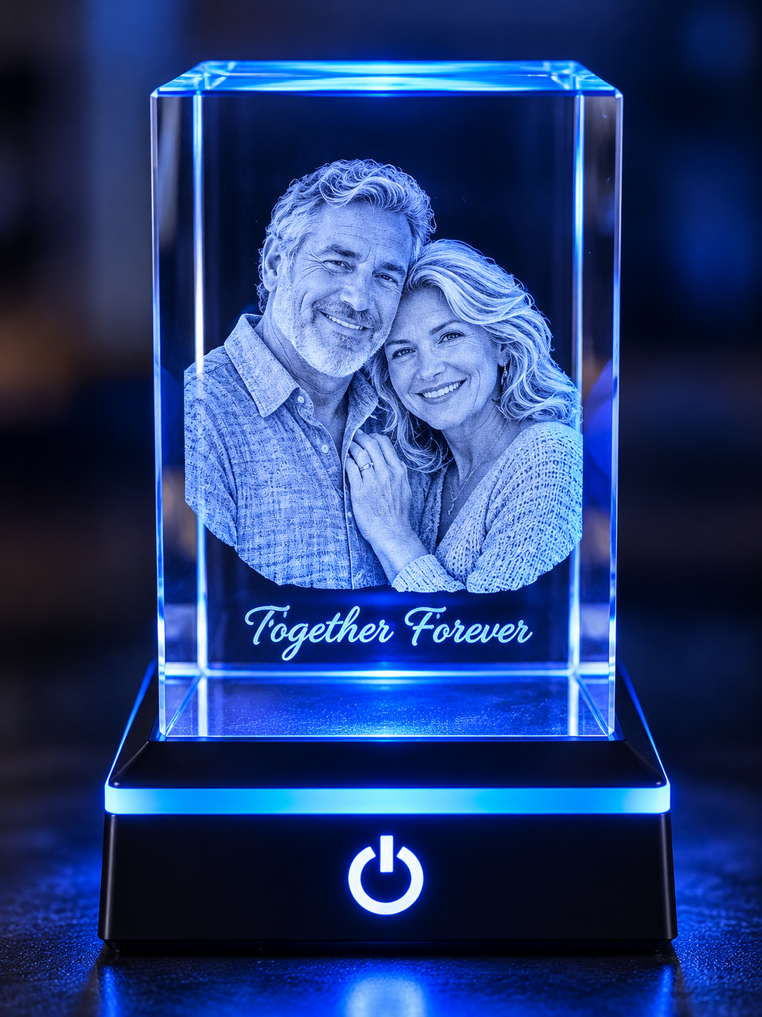 Personalized crystal keepsake with an engraved couple portrait and “Together Forever,” illuminated by a blue LED base.