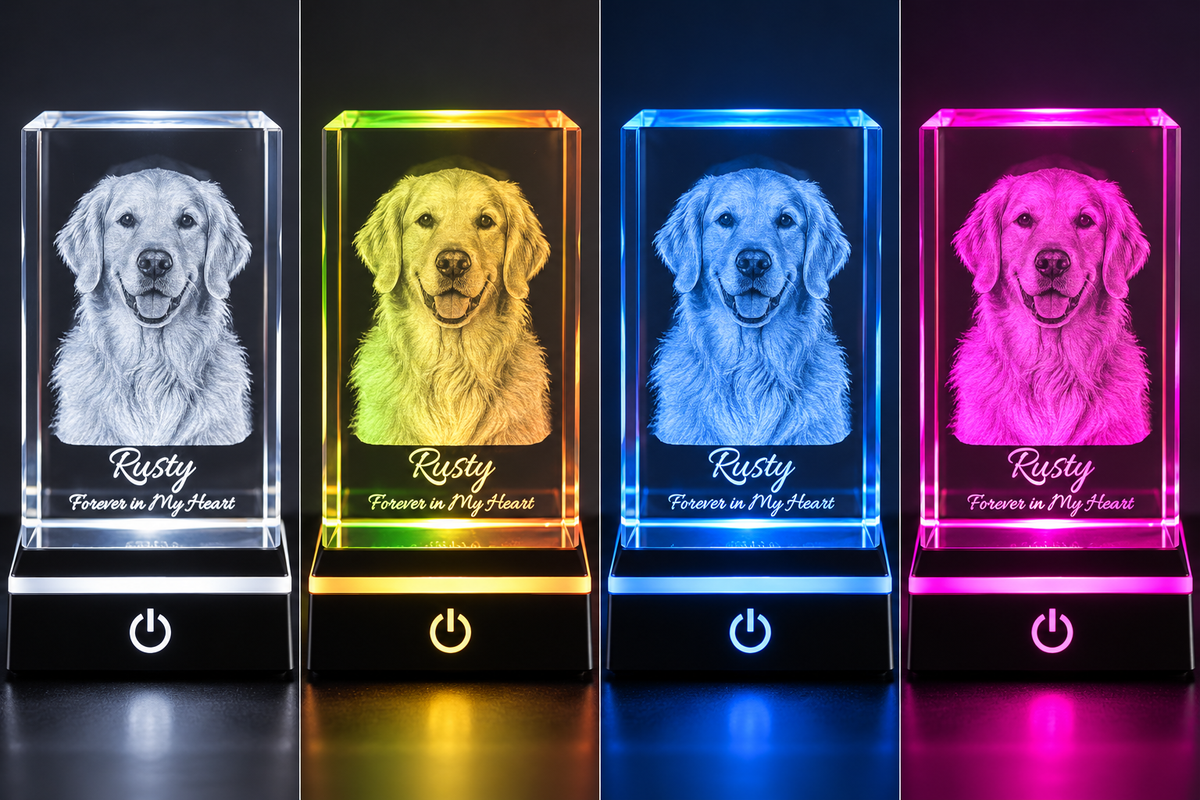 Engraved dog memorial crystal shown with white, yellow, blue, and pink LED lighting.