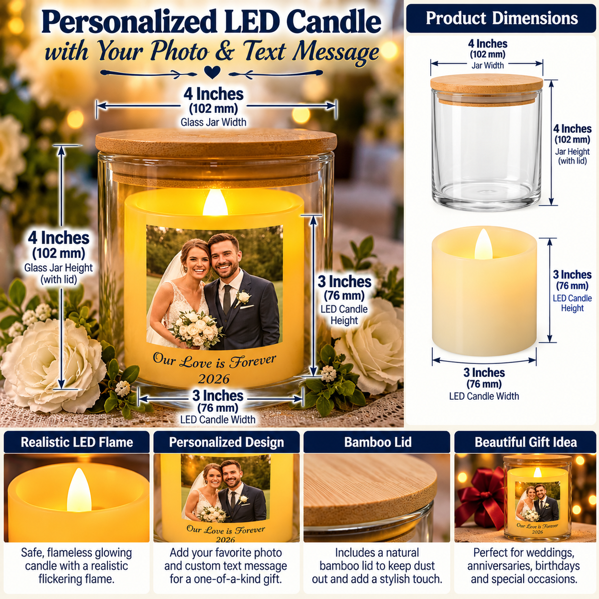 Dimensions of glass jar at 4 x 4 inches, candle at 3 inches. 