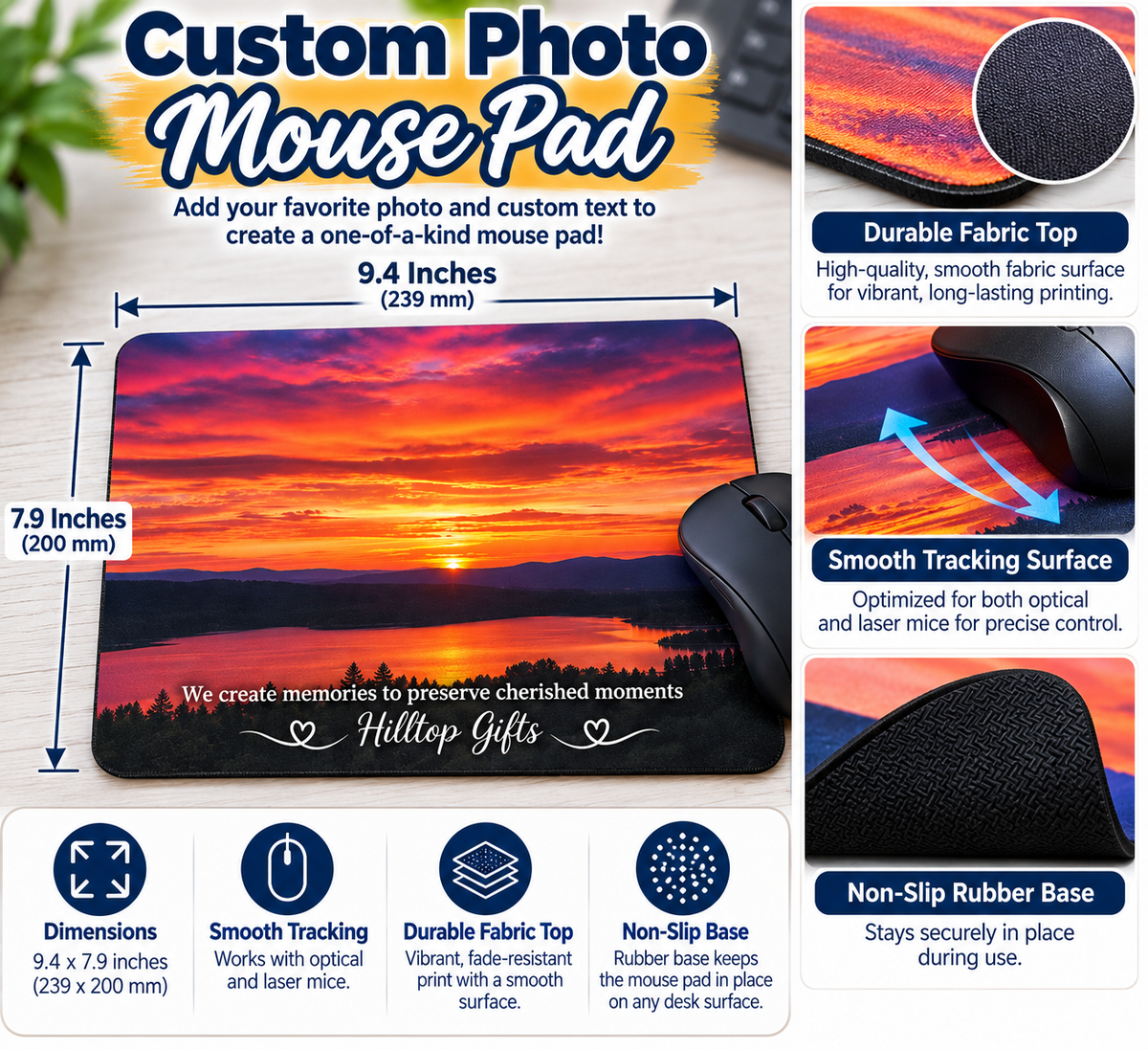 Dimension chart of a 9.4 x 7.9 custom mouse pad with non-slip rubber base. 
