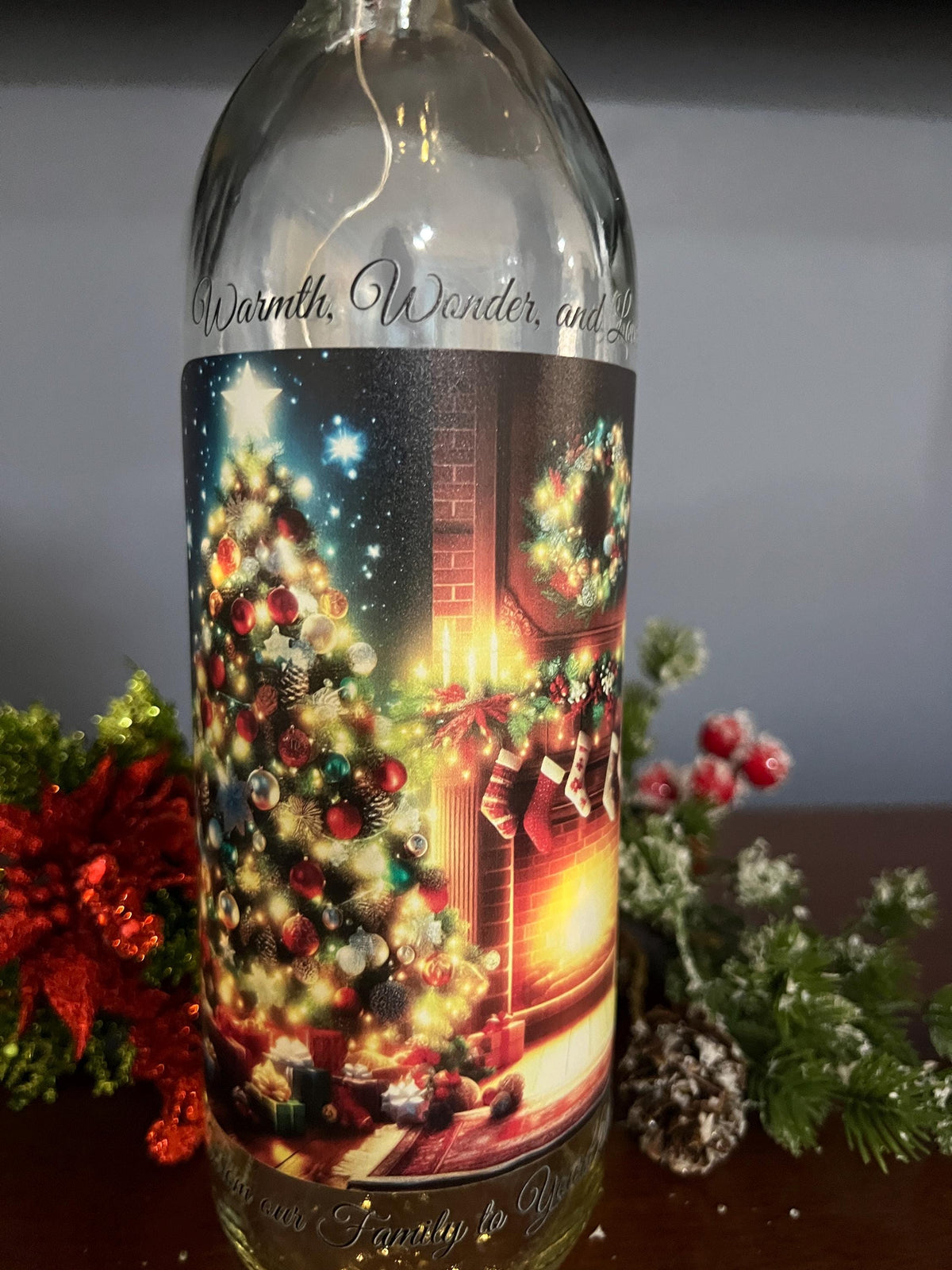 Lighted Christmas Wine Bottle | Fireplace & Stockings Scene - 2025 Gift