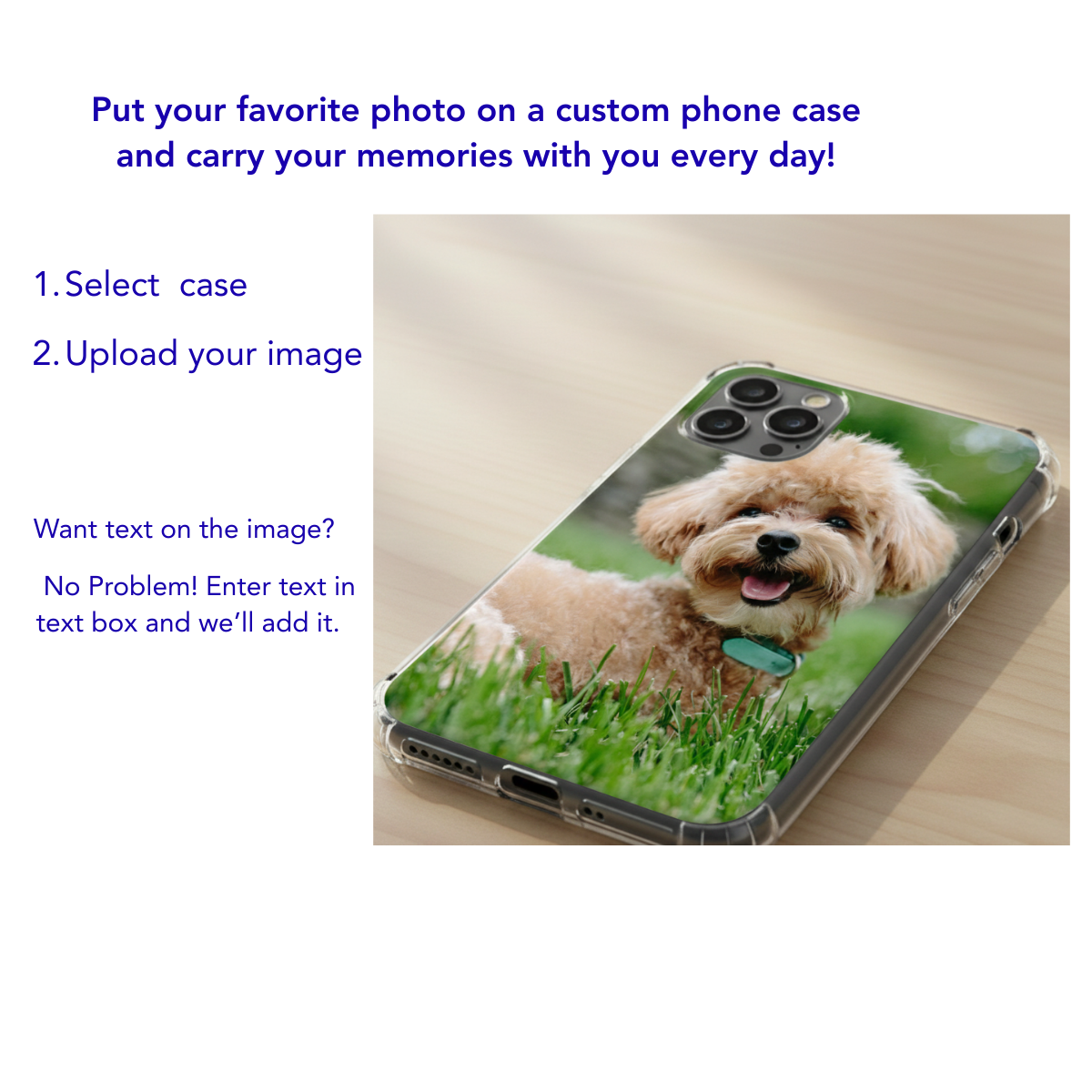 Phone case with a dog on a grassy background, promotional text for customizing phone cases.