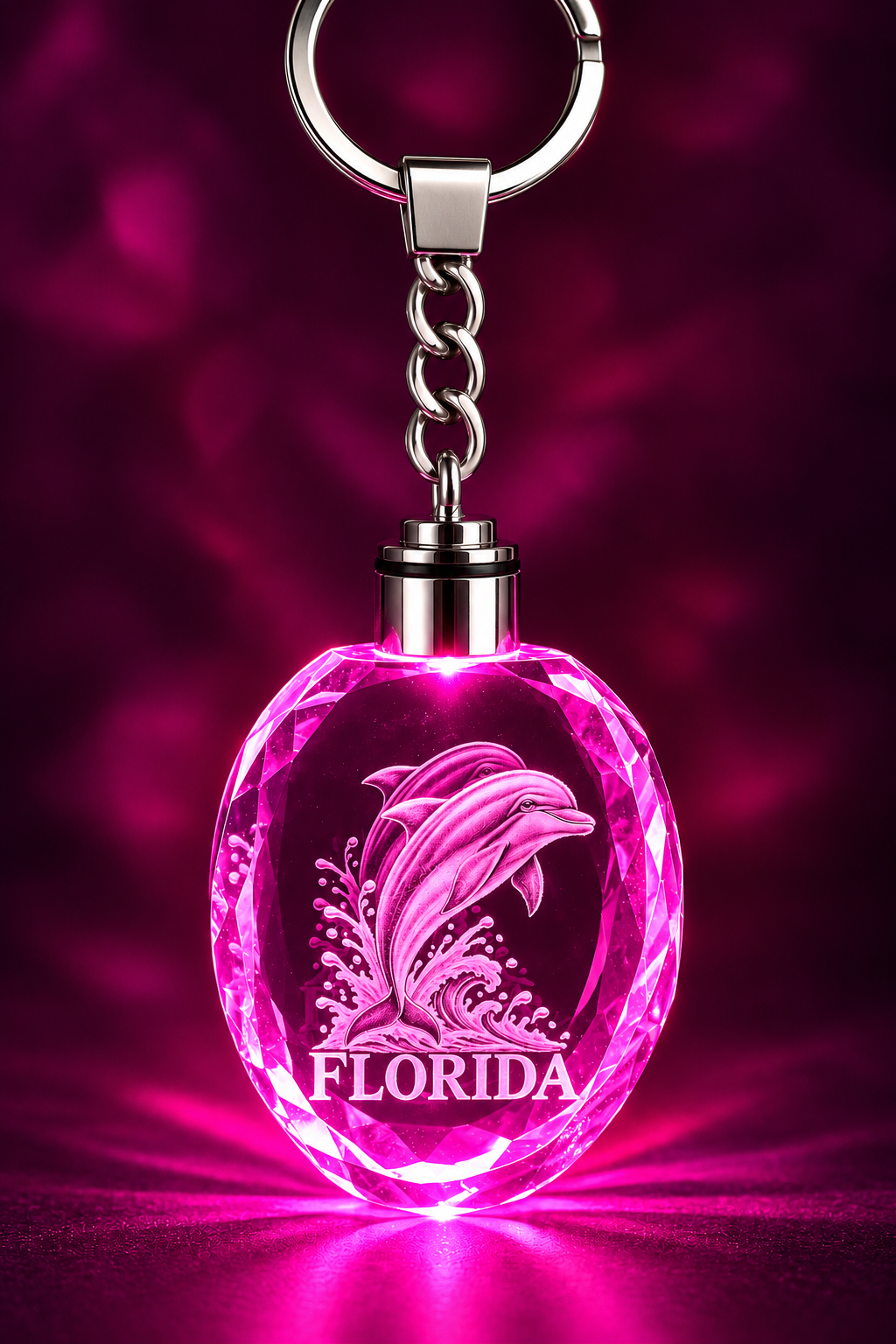  Florida oval crystal LED keychain with dolphin engraving illuminated in pink
