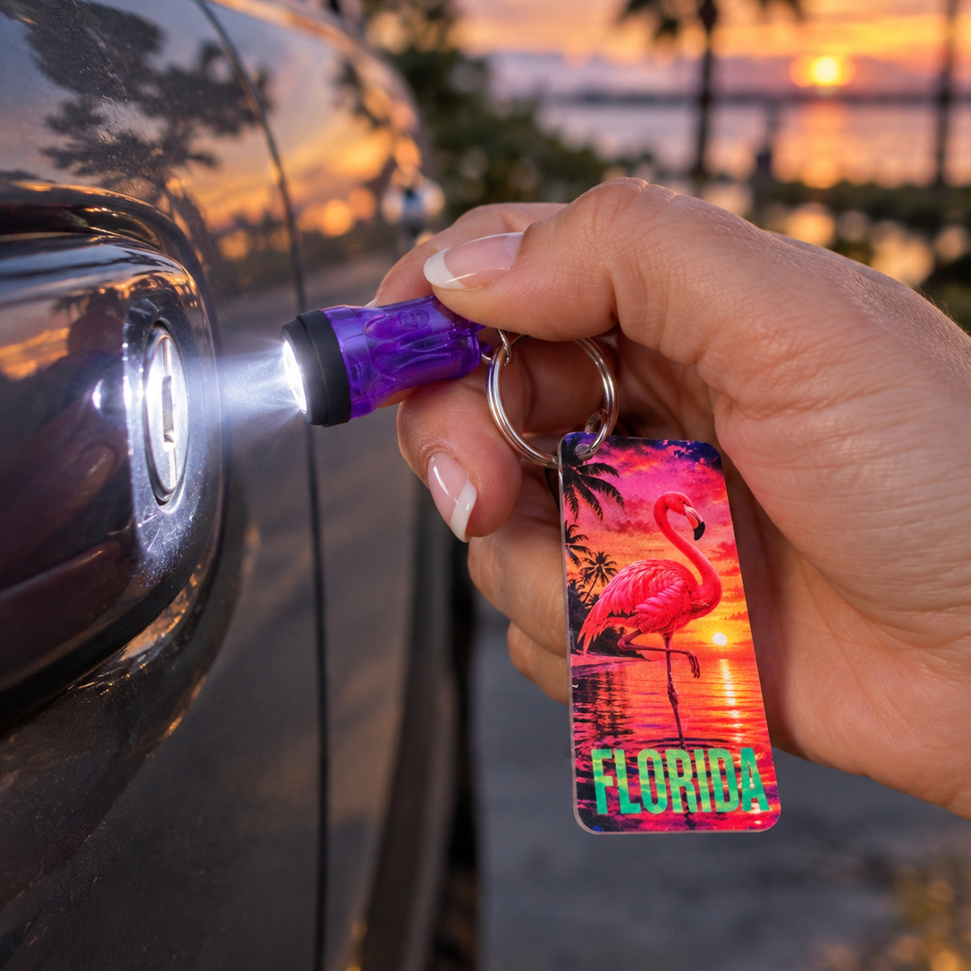 Florida flamingo with Florida written on the colorful keychain and working flashlight
