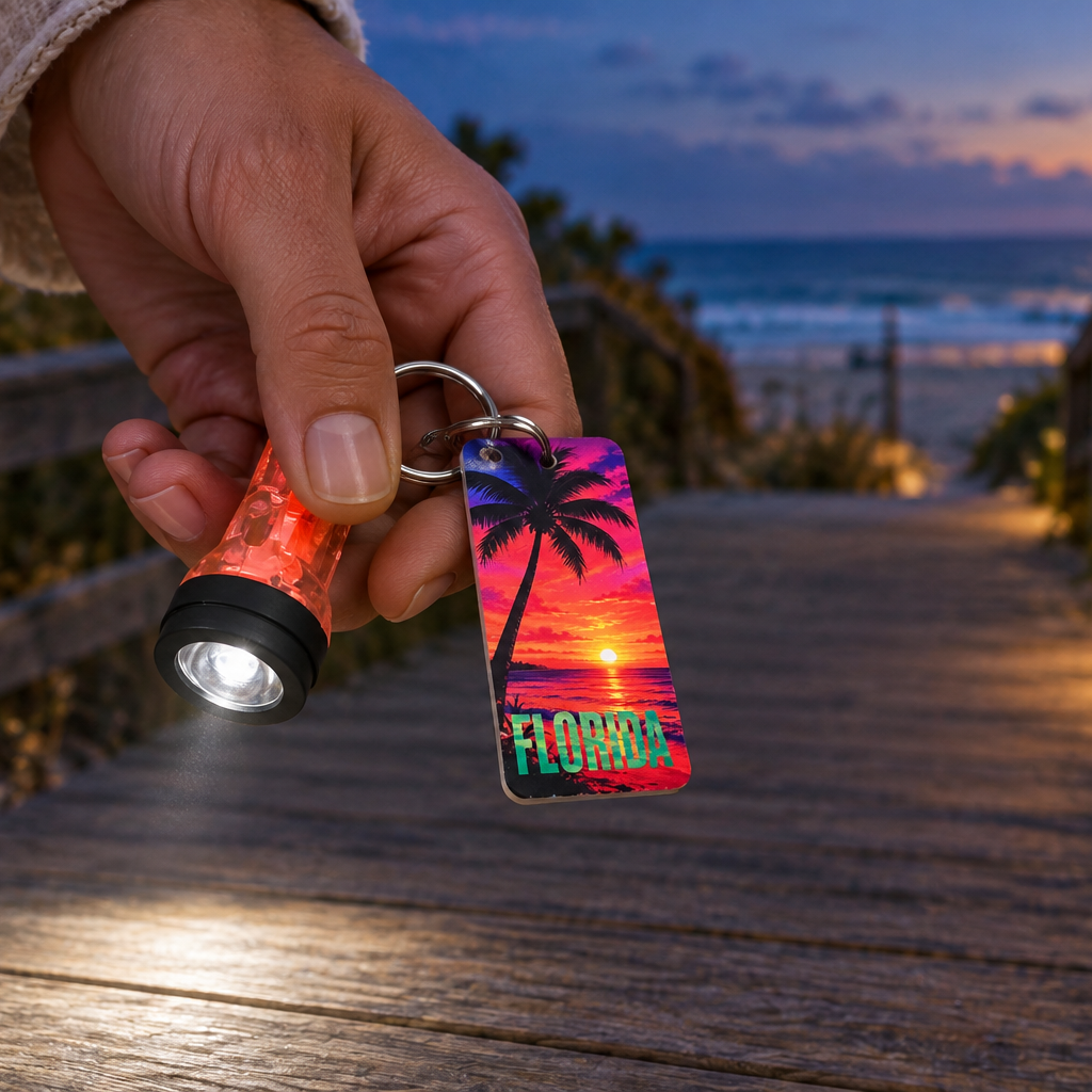 Florida palm tree and working flashlight on keychain