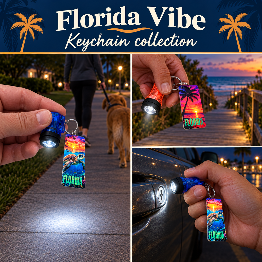 collage of Florida images on keychains with working flashlights