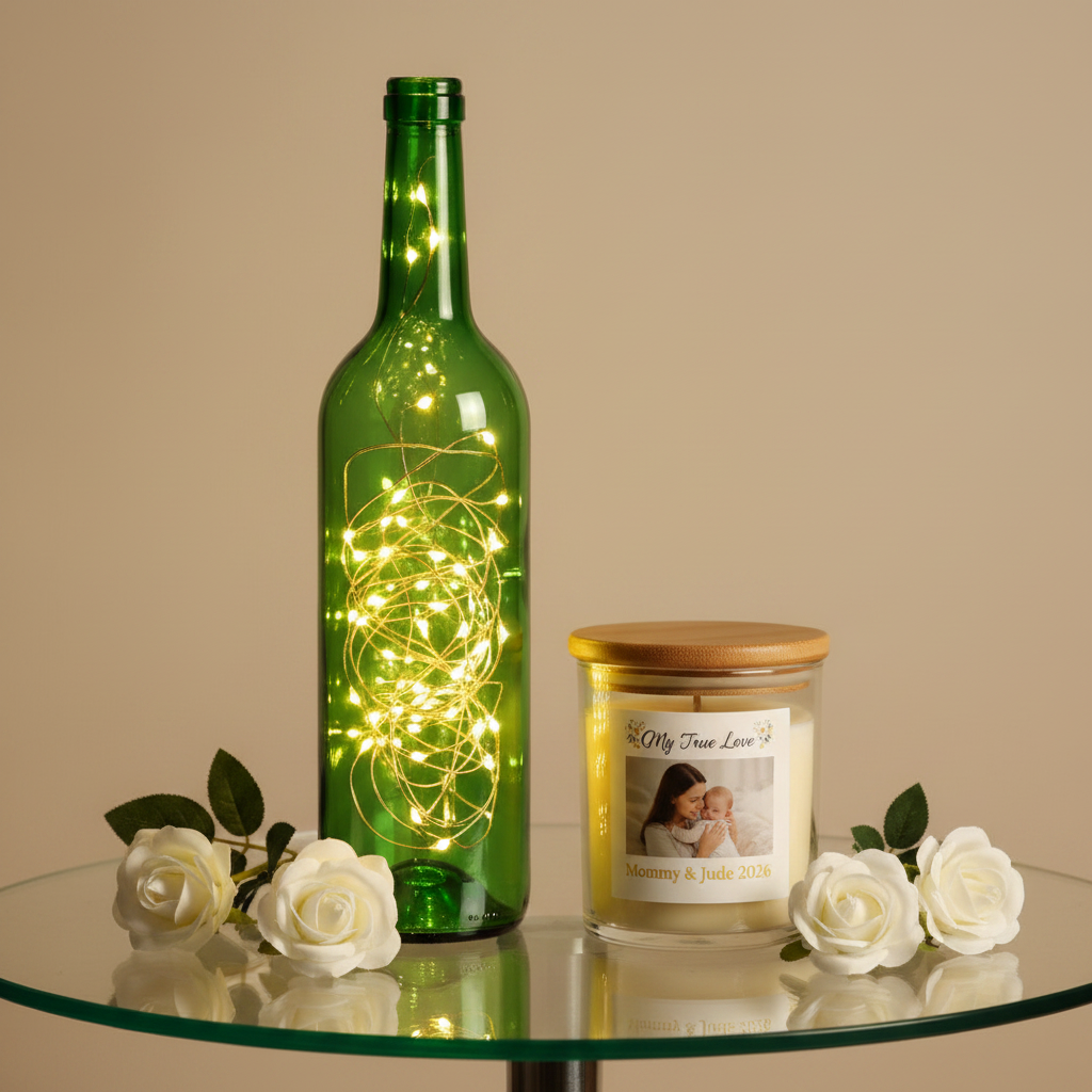 Personalized Photo Lighted Wine Bottle & Flameless Candle Gift Set
