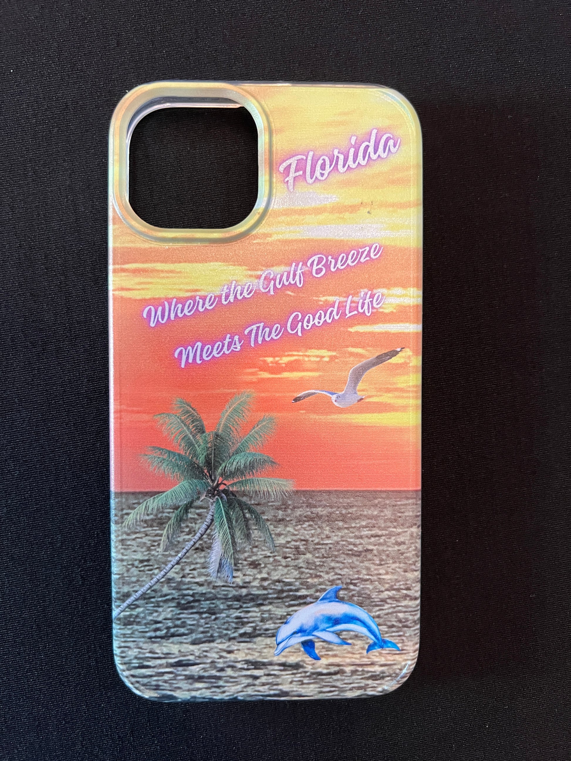 Phone case with Florida design featuring palm tree, dolphin jumping out of the water, seagull jumping out of the gulf water, beautiful Florida sunset, and text with the phrase "where the gulf breeze meets the good like" Florida