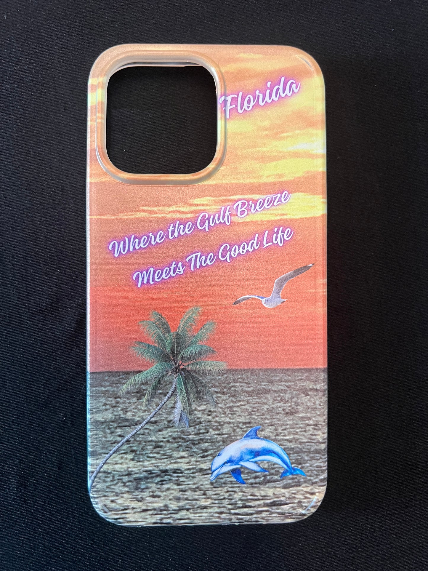 Phone case with Florida design featuring palm tree, dolphin jumping out of the water, seagull jumping out of the gulf water, beautiful Florida sunset, and text with the phrase "where the gulf breeze meets the good like" Florida