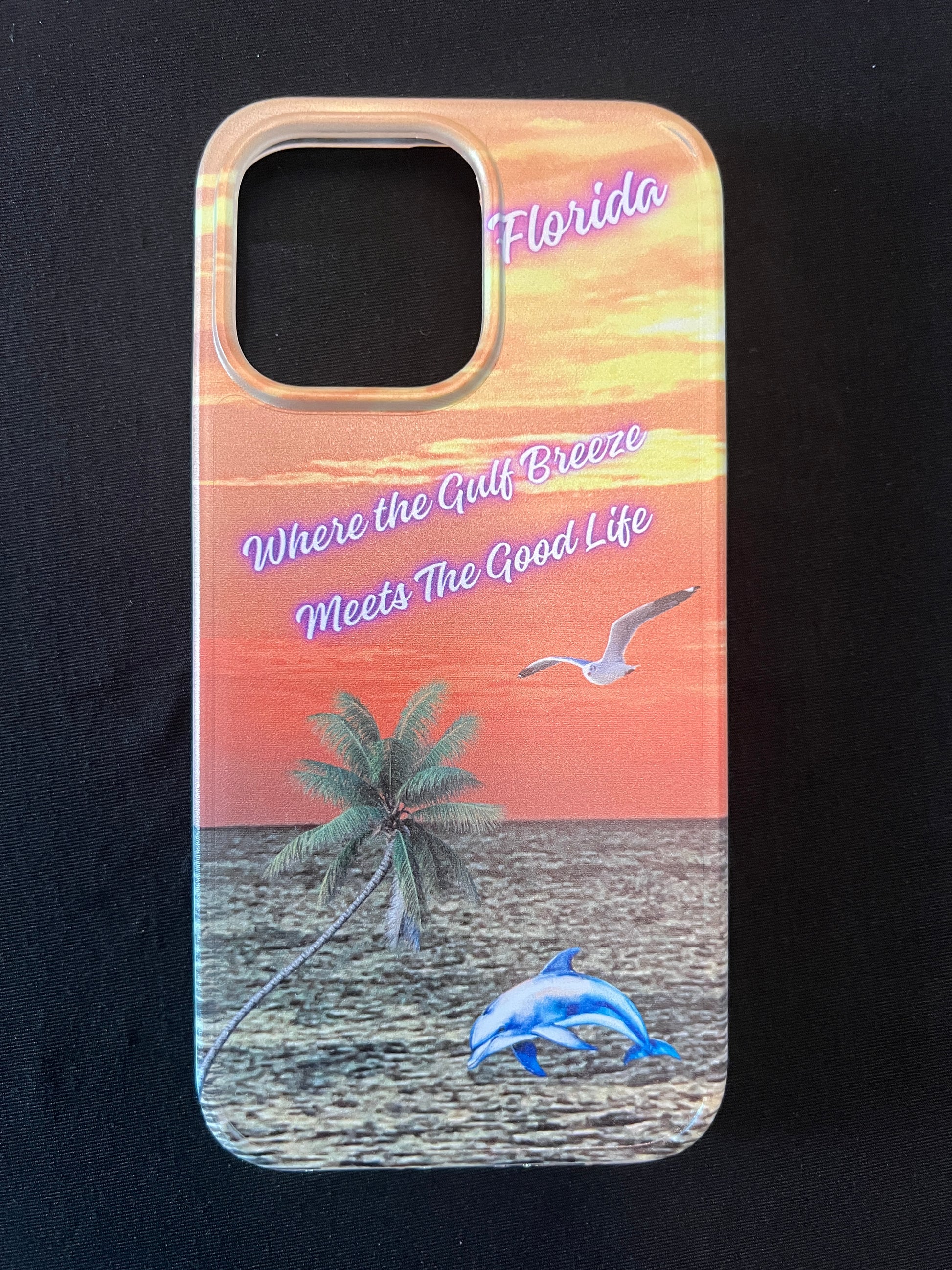 Phone case with Florida design featuring palm tree, dolphin jumping out of the water, seagull jumping out of the gulf water, beautiful Florida sunset, and text with the phrase "where the gulf breeze meets the good like" Florida