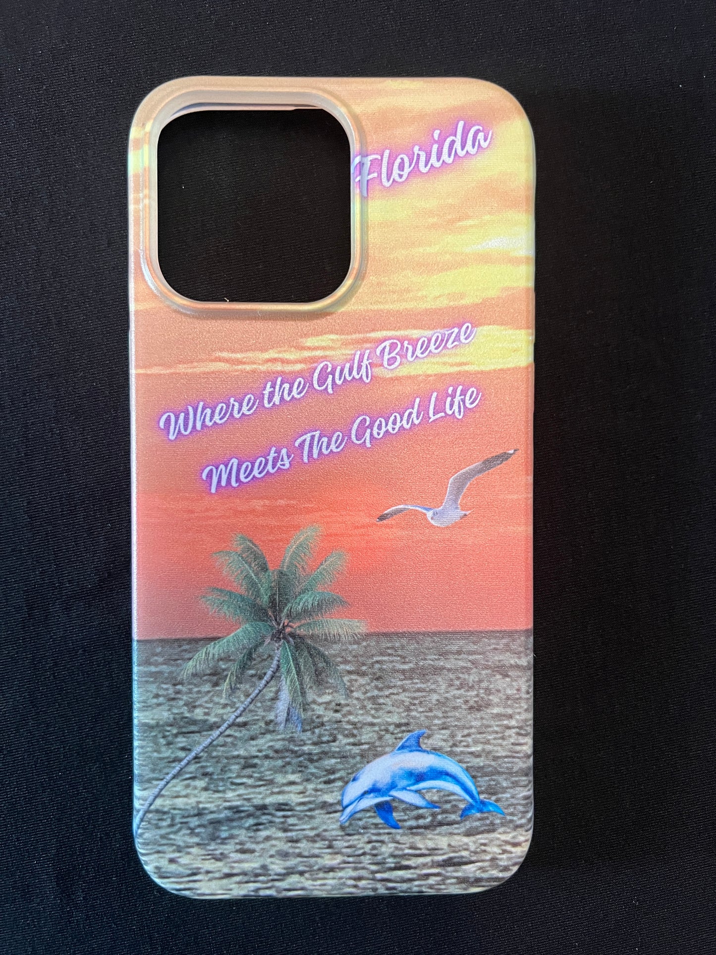 Phone case with Florida design featuring palm tree, dolphin jumping out of the water, seagull jumping out of the gulf water, beautiful Florida sunset, and text with the phrase "where the gulf breeze meets the good like" Florida
