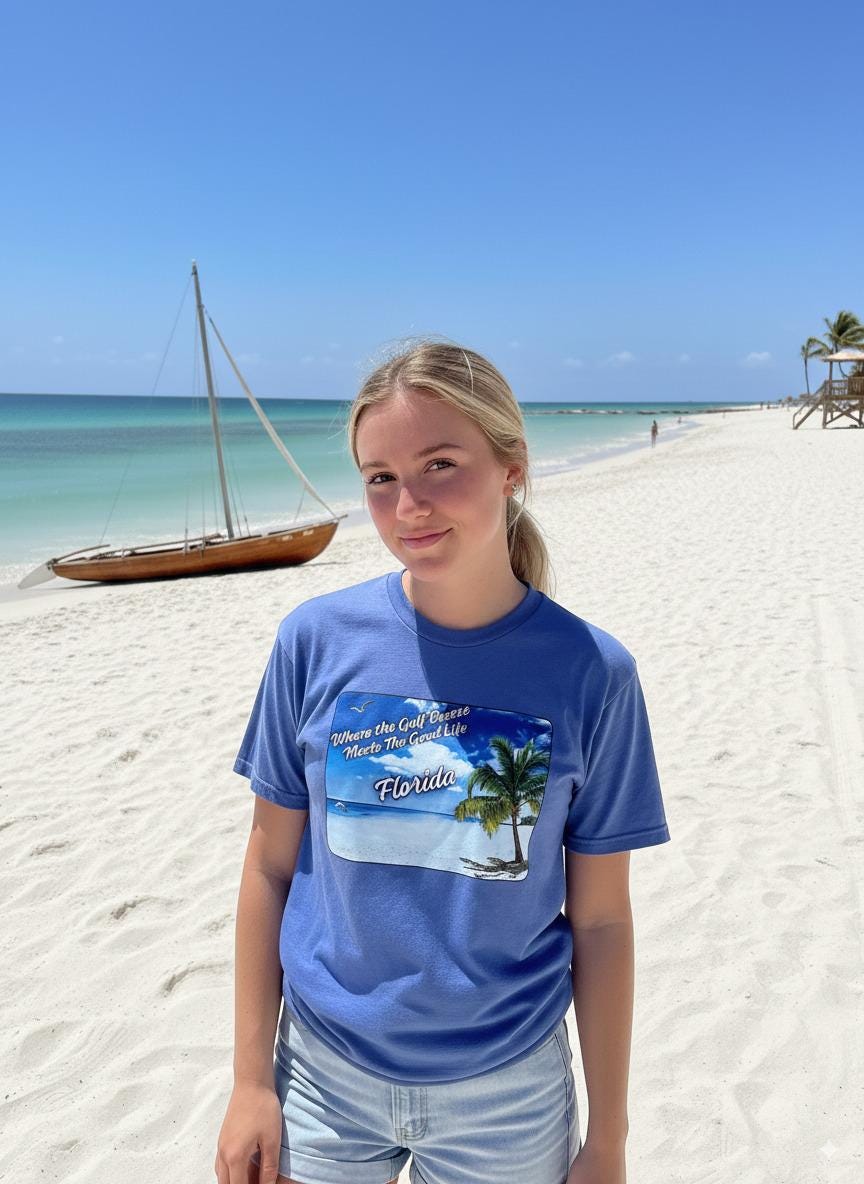 Person wearing a purple 'Florida' t-shirt on a beach with a sailboat and palm trees in the background. T-shirt has a  picture on the front of white sand beach, aqua gulf waters, palm tree and the text "where the gulf breeze meets the good life" Florida. 