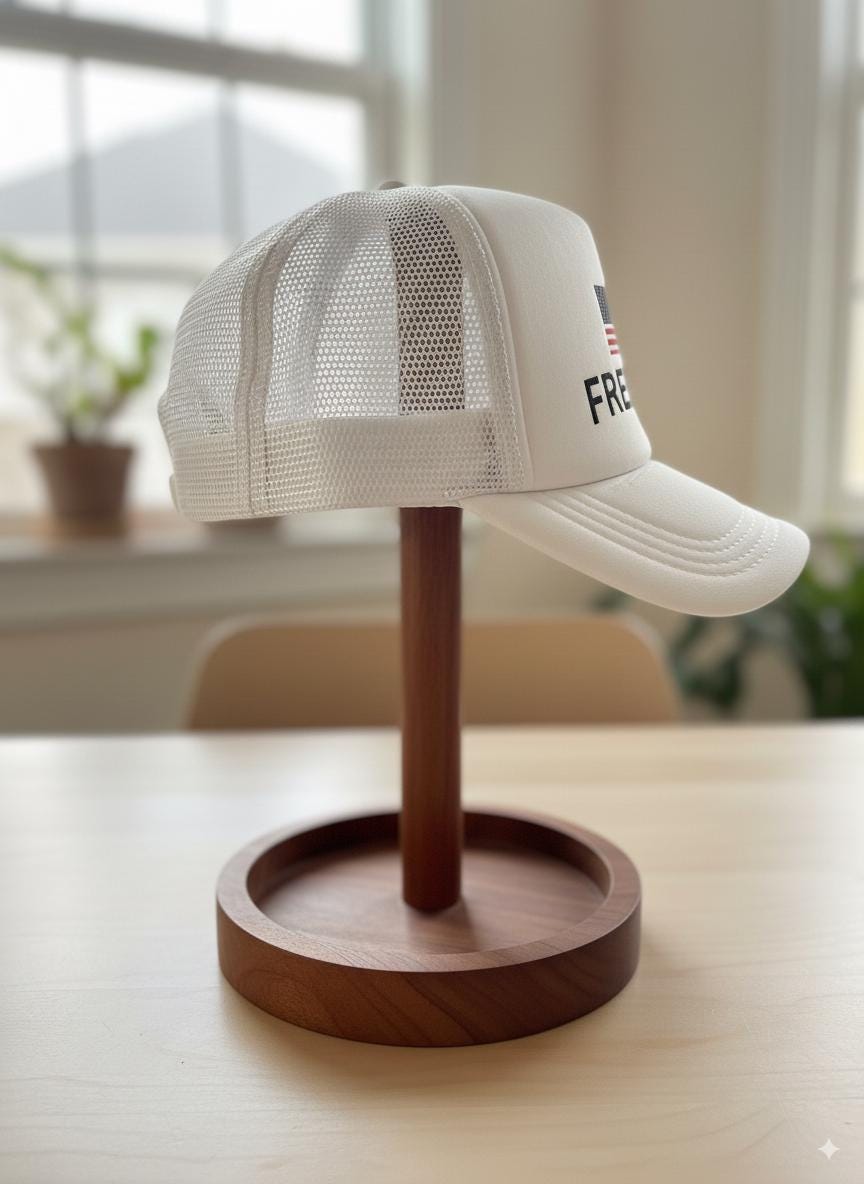 White cap on a wooden stand with a blurred indoor background