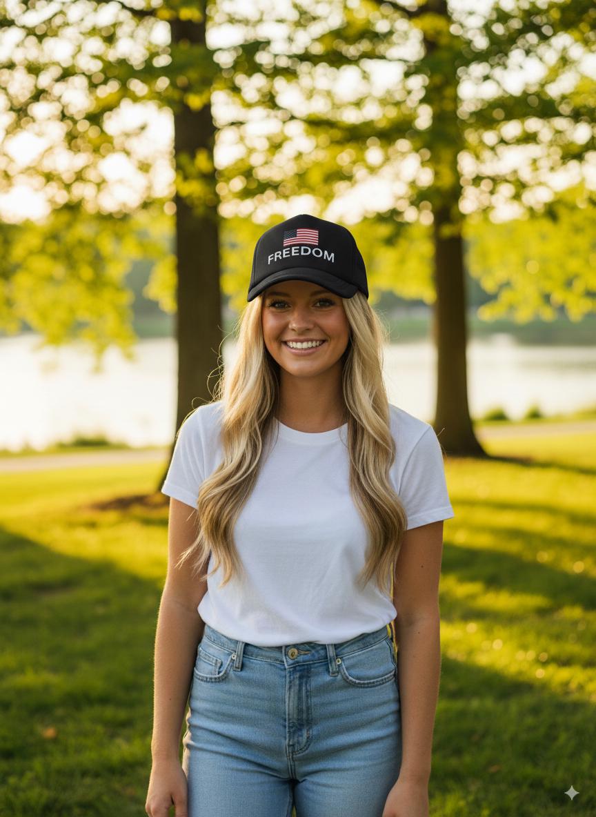Woman wearing a 'Freedom' cap in a park setting with trees and grass.