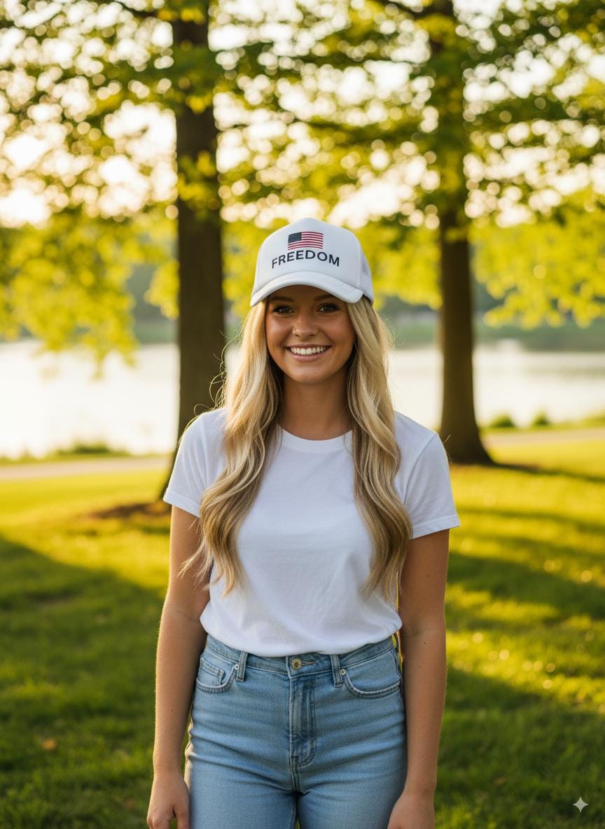 Woman wearing a white cap with 'Freedom' and an American flag design, standing outdoors by a lake.