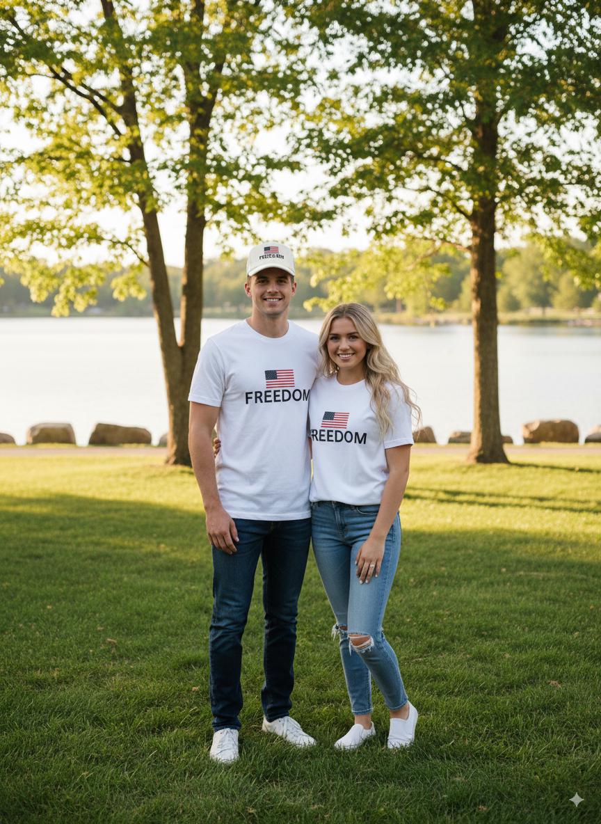 Two people standing in a park by a lake, wearing matching 'Freedom' t-shirts.
