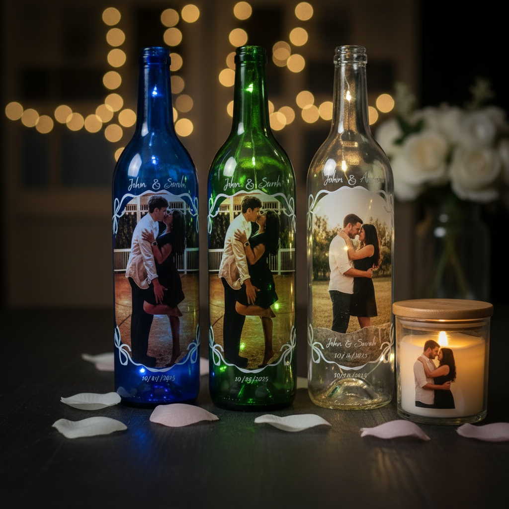 Personalized lighted wine bottles in blue, green and clear with flameless candle in glass jar with bamboo lid