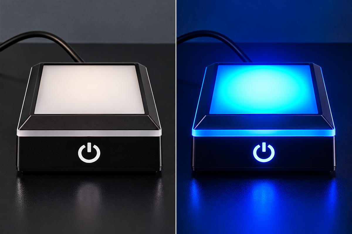 Black square LED display base with touch power button, shown with white and blue illumination.
