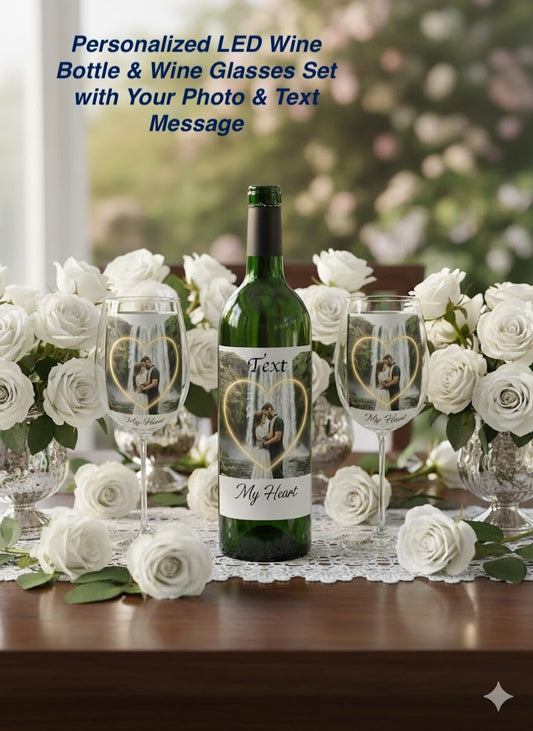 Personalized LED wine bottle and glasses set with photo and text message on a table with white roses.