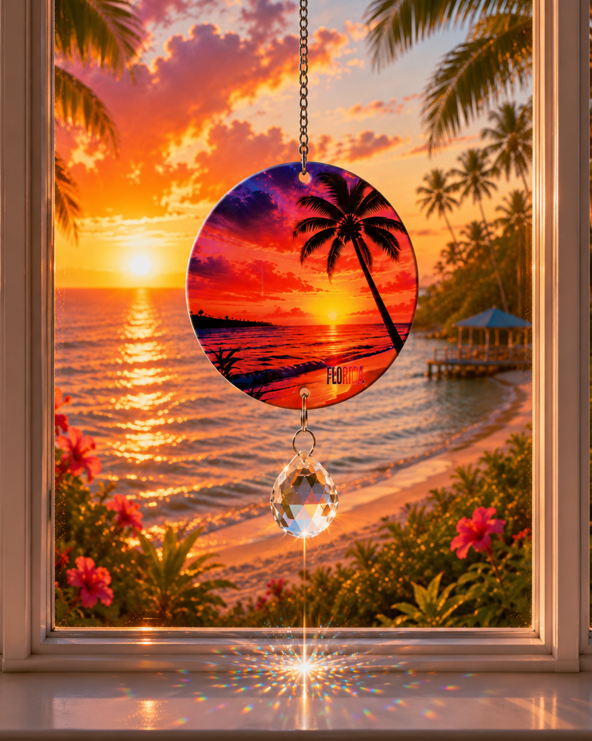 A circular suncatcher ornament featuring a tropical sunset beach scene with palm trees, hanging from a chain in front of a window. A faceted crystal droplet hangs below the ornament, and the window frame surrounds a colorful sunset view with ocean, flowers, and palm leaves.