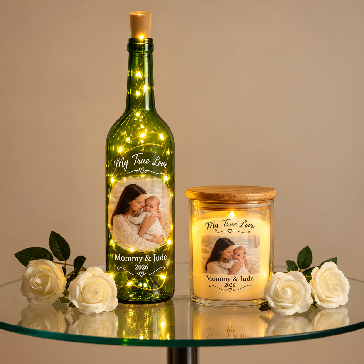 Personalized green lighted wine bottle and flameless candle featuring mother-and-baby photos and My True Love text.