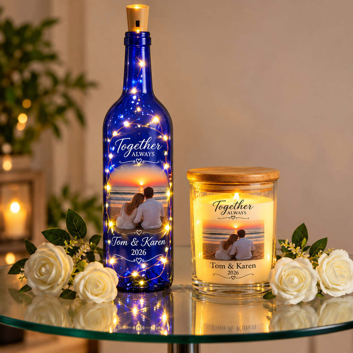 Personalized blue lighted wine bottle and flameless candle featuring a couple at sunset and Together Always text.