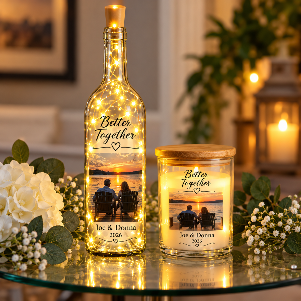 Personalized clear lighted wine bottle and flameless candle featuring a couple by the water and Better Together text.