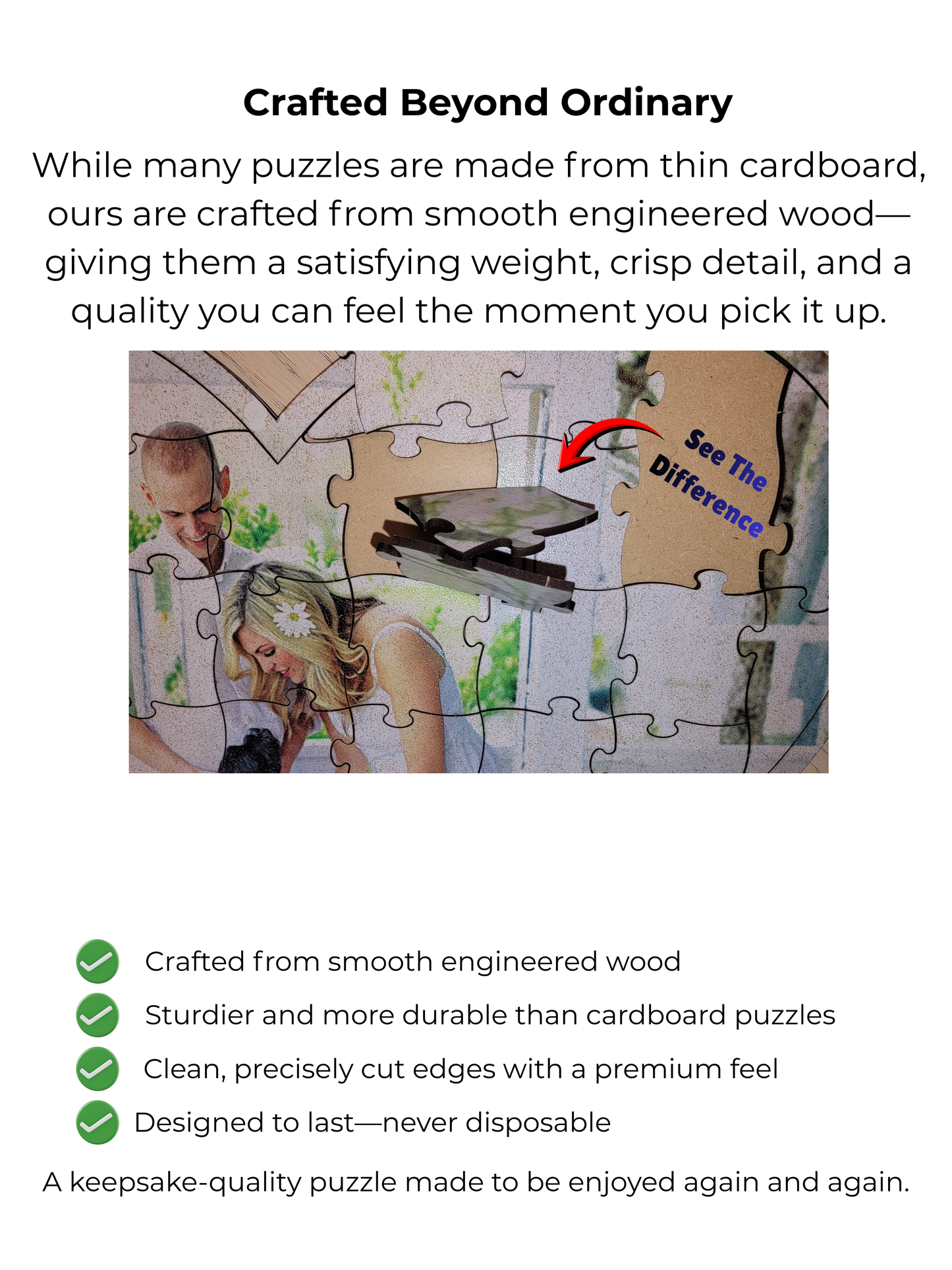 Jigsaw puzzle with a man and woman, featuring text about the quality of the puzzles made from smooth engineered wood.