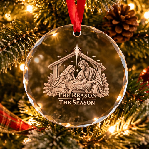 Faceted crystal Christmas ornament with nativity engraving and “The Reason for the Season” hanging on a lighted tree.