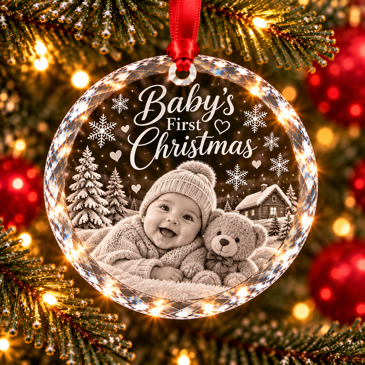 Baby's First Christmas ornament with a baby and teddy bear. 