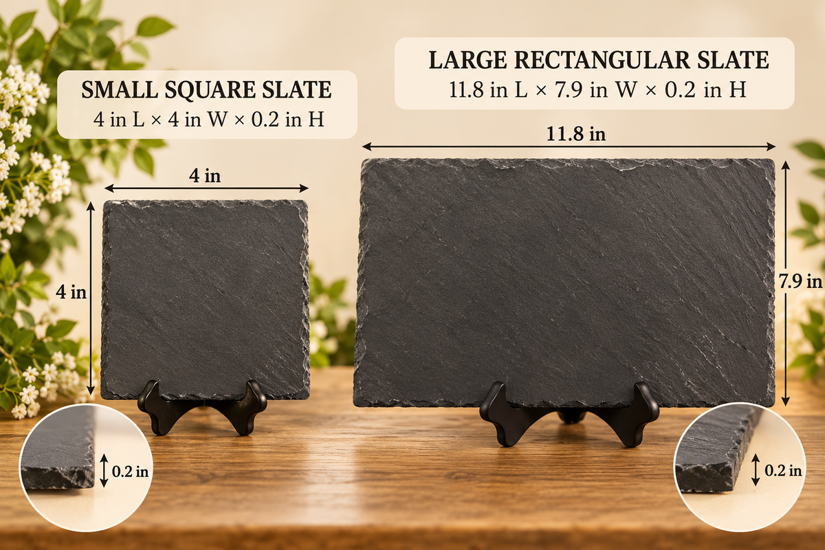 dimensions of small square slate 4 in L x 4 in w x 0.2 in h and large rectangular slate 11.8 L x 7.9 in w x 0,2 H