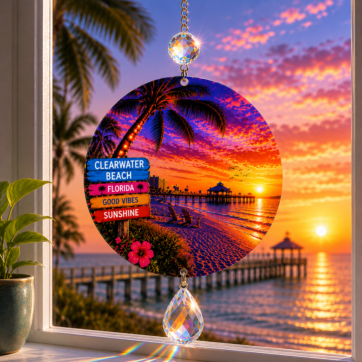 A circular beach sunset suncatcher ornament hanging in a window, featuring a tropical Florida Clearwater Beach scene with palm trees, a pier, and colorful sunset sky. The ornament includes a sign reading 'Clearwater Beach Florida Good Vibes Sunshine' and crystal hanging beads.