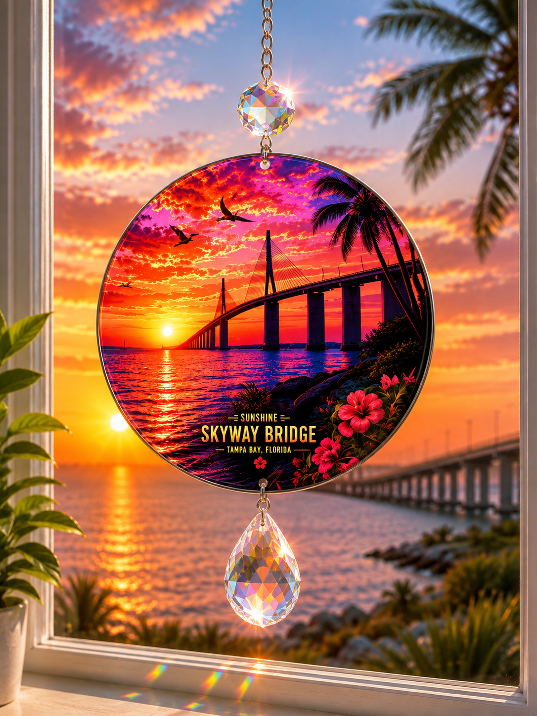 A circular suncatcher ornament featuring a colorful sunset over the Sunshine Skyway Bridge in Tampa Bay, Florida, hanging in a window with a teardrop crystal charm below.