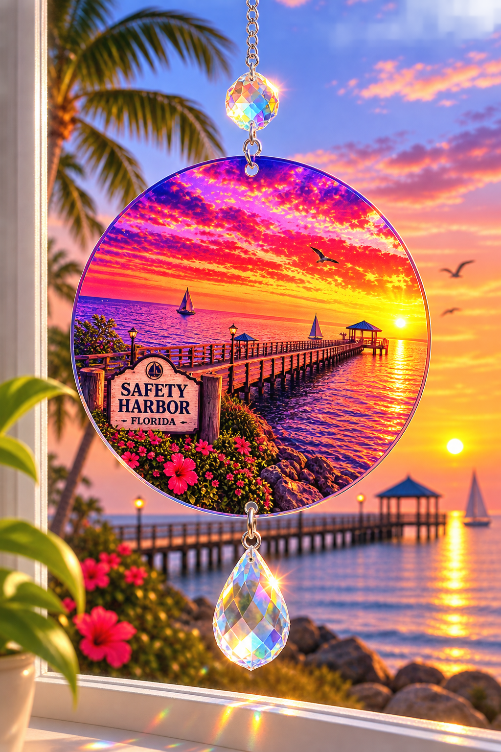 A circular hanging suncatcher or ornament with a colorful sunset harbor scene printed on it, suspended by a chain with a teardrop crystal drop and a faceted top piece, shown in front of a window with a palm-lined view of a harbor at sunset.