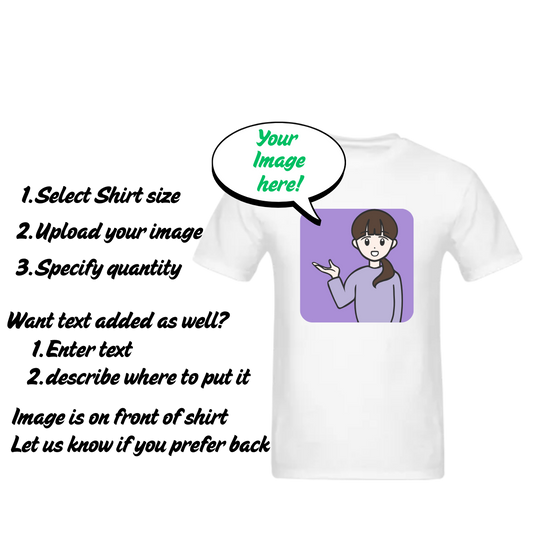 White t-shirt with a graphic of a person and text instructions on how to customize the shirt.