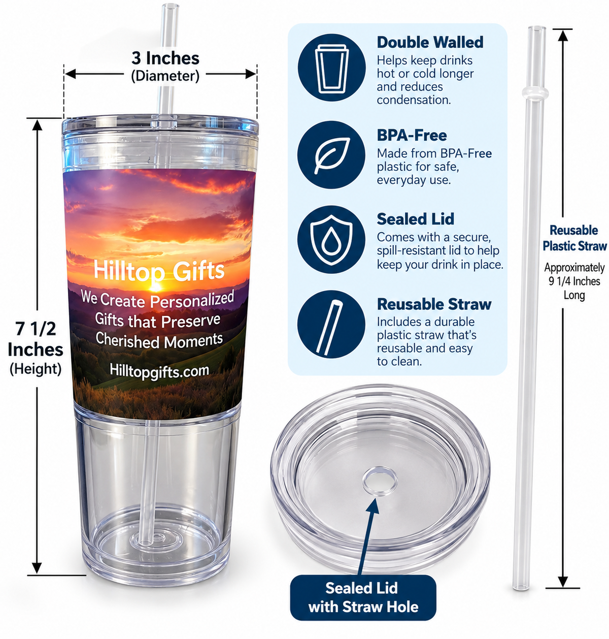chart showing dimensions of tumbler at 7.5 inches tall and 3 inches in diameter with sealed lid and reusable straw.
