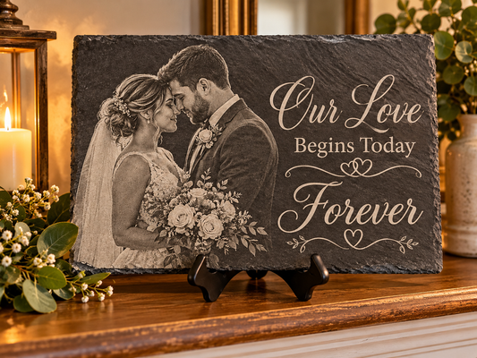 Wedding couple on a black slate with the words Our Love Begins Today Forever 